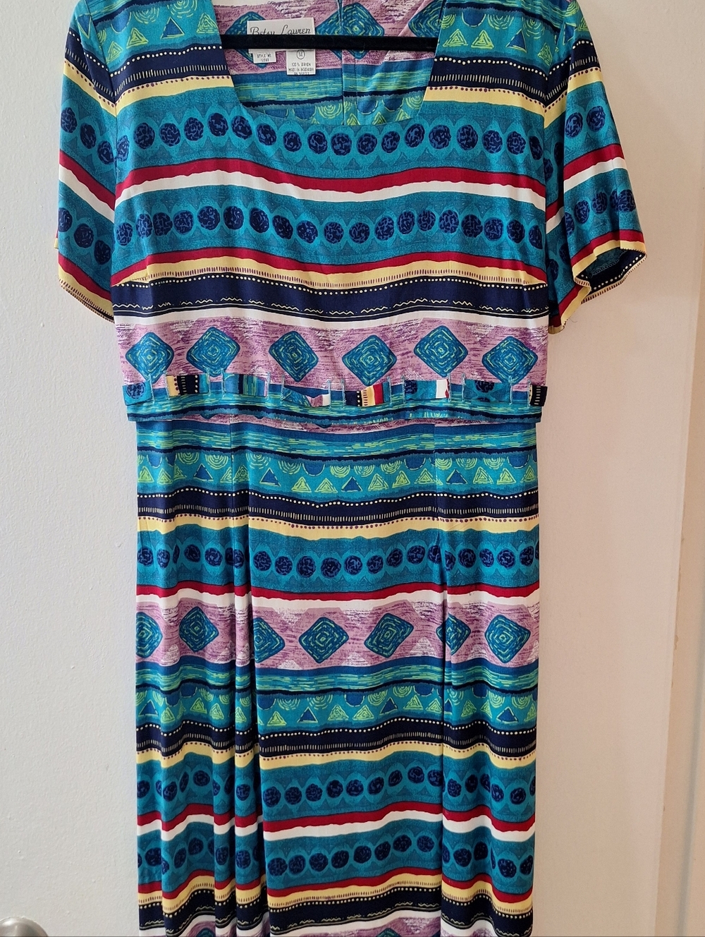 Bright Geometric Print Midi Dress - Square Neckline - Tie Back Waist